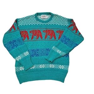 Vintage Lake Harmony Rowing Club Teal Bear Fair‎ Isle Sweater Size Medium Men's